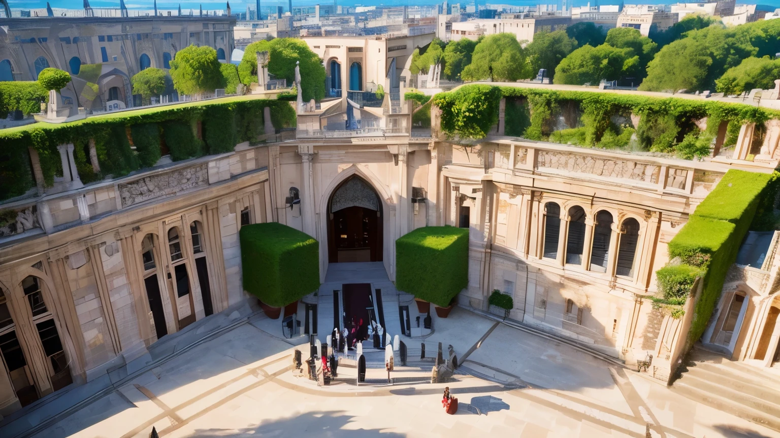 a breathtaking aerial view of a city on a sunny holiday morning, a grand and elegant wedding venue entrance, a luxurious full shot of an ornate building, friends dressed up attending a wedding, the ornate gates of a city center wedding location, the sound of chapel bells, a hotel with a garden  area, a joyful and memorable day