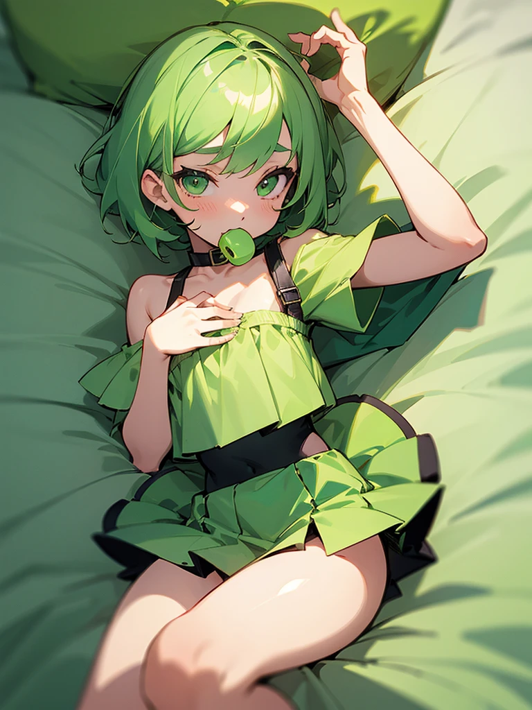 short green hair, green eyes, cute, open short top, big chest, green mini skirt, shy face, bed, green pacifier, baby,