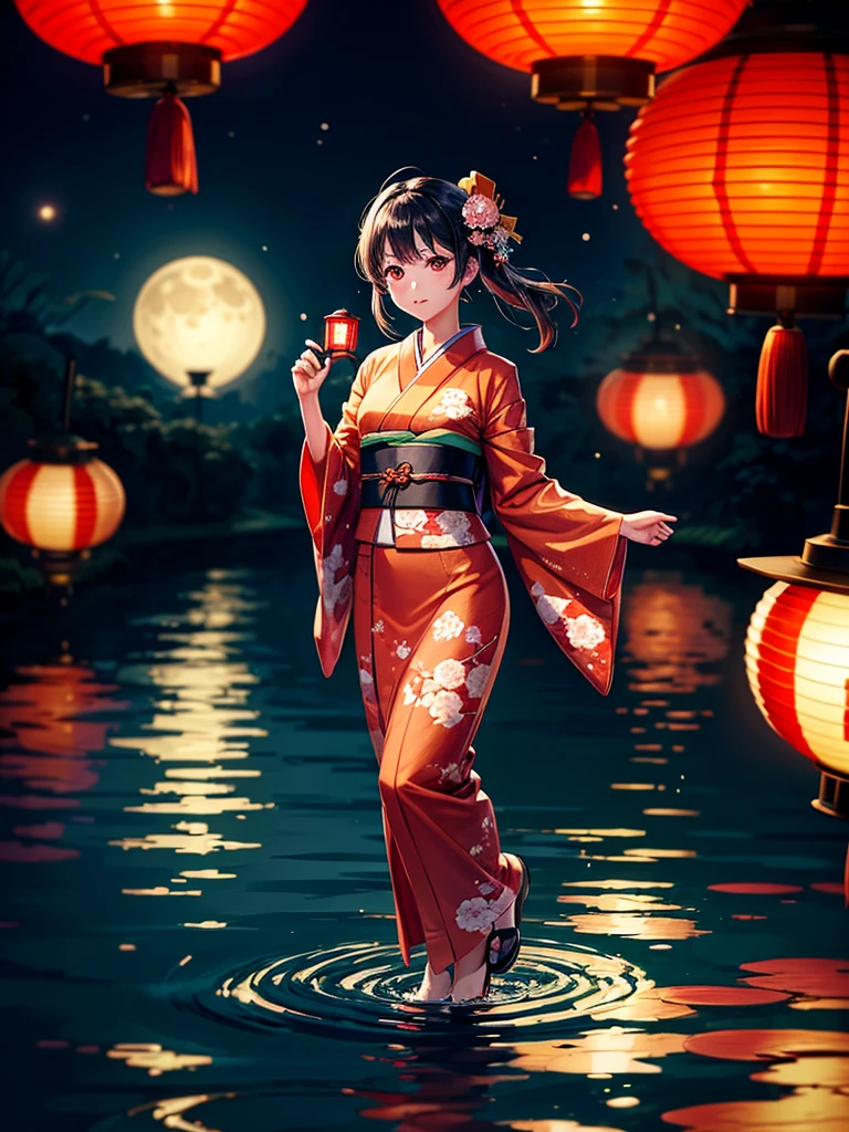 Highest quality,Highest Resolution,A beautiful girl in a kimono floating a lantern,River at night,The moon reflects on the water,Japan,Red lantern,