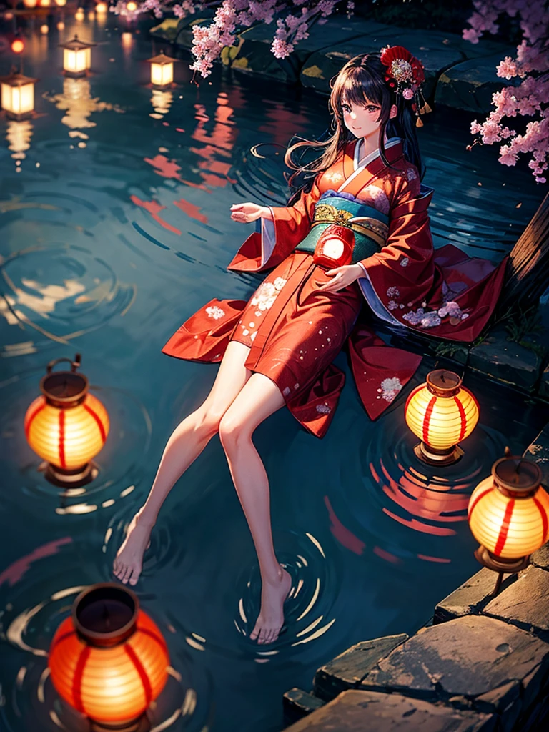 Highest quality,Highest Resolution,A beautiful girl in a kimono floating a lantern,River at night,The moon reflects on the water,Japan,Red lantern,
