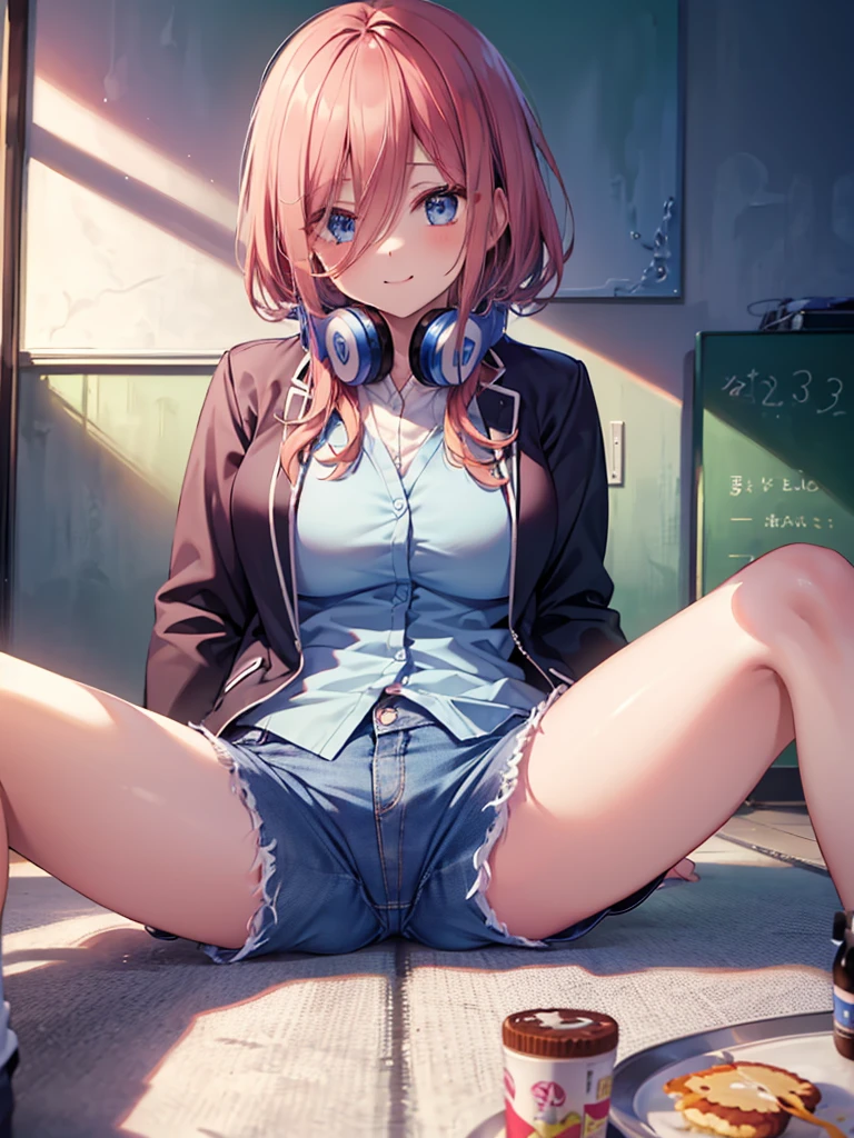 (8K, Highest quality, Highest quality, masterpiece), sit on the floor, (denim hot micro shorts), (vulva peek), big breasts, ((spread legs 1:2)), nm1, headphones around neck, long sleeves, blue cardigan, pantyhose, (fullbody), smile, school uniform, open jacket