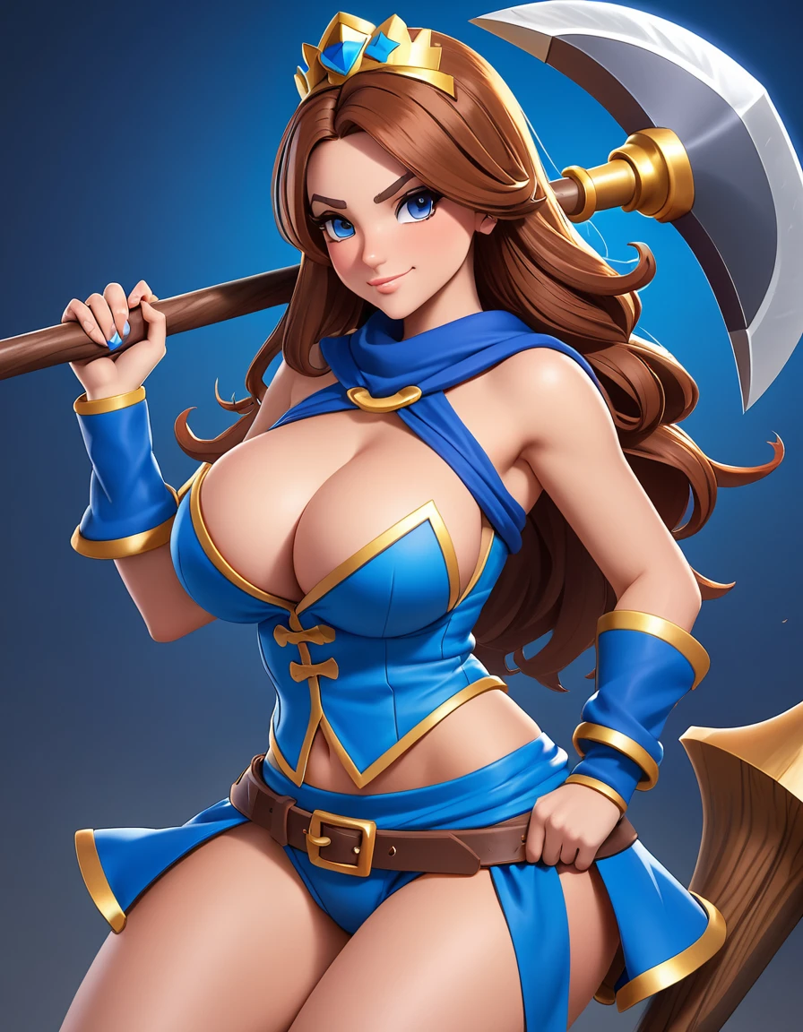 Beautiful Sexy clash royale walkyrie, blue outfit big breasts, brown hair, holding an axe