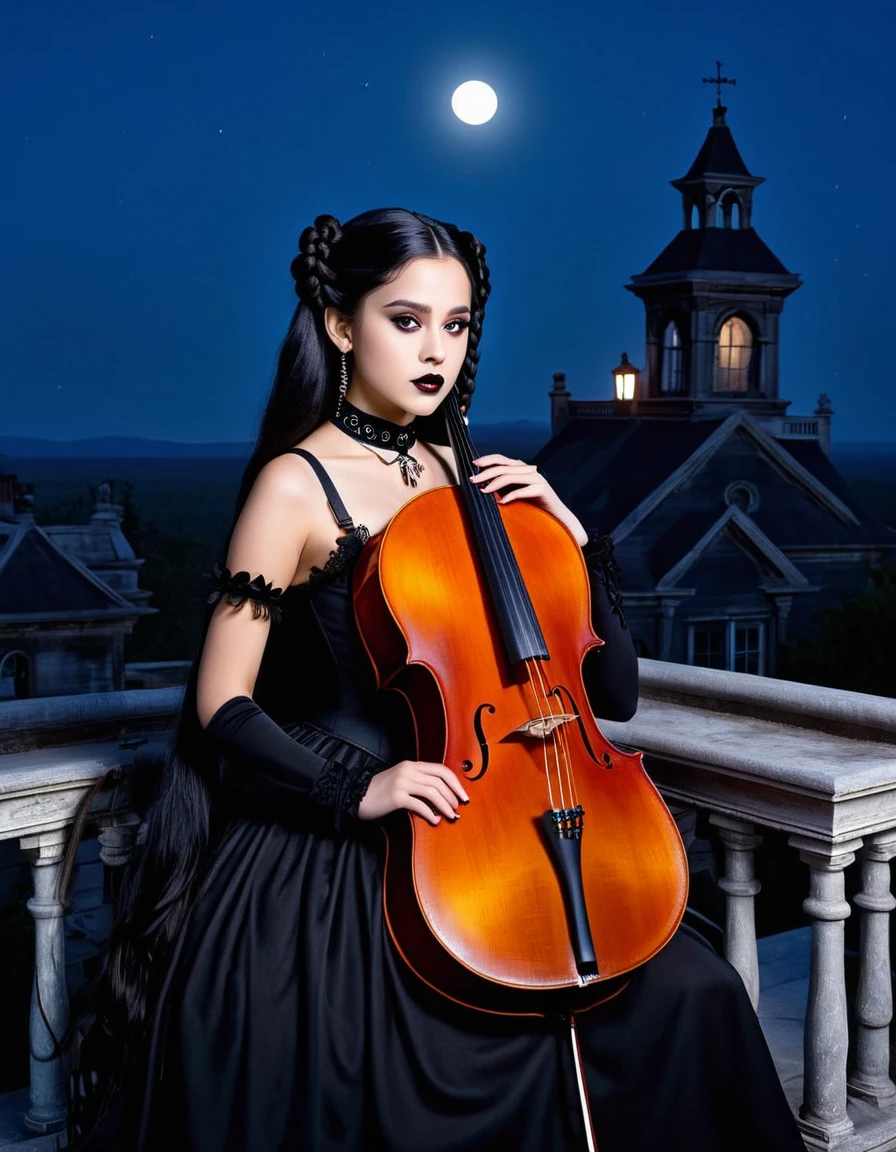 A young woman with long black hair styled in two braids and wears minimal makeup with dark eyeliner, black lipstick, sexy goth, Wednesday Addams (Jenna Ortega). Jenna Ortega as Wednesday Addams.  The setting is on the roof top of an old decaying mansion at midnight with a big bright full moon in the background. Wednesday is sitting in an old luxury ornate high back chair (playing a large cello:1.6). She is wearing black ornate fabric choker, black corset, black short feathered dress with black stockings. A peculiar, lifelike severed hand is on her shoulder, adding an element of mystery. The lighting is eerie, coming from an unseen source, creating a since of mystery and intriguing atmosphere. Hyper realistic photo, vibrant colors, 16k.