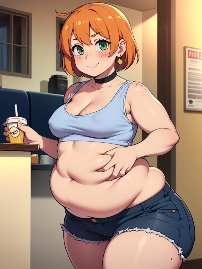 ((Masterpiece)), perfect ???????, perfect shading, field of depth, (best quality), extremely delicate and beautiful, perfect lighting, detailed face, ultra cute face, cute, ((1girl)), ((solo))

short fluffy orange hair, freckles, green eyes, ((blush)), seductive smile, looking at viewer, tank top, shorts, choker, earrings, cleavage, small ???????, ((thick thighs)), (wide ????), fat ???, chubby,

intricate background, detailed background, fast food restaurant, belly grab, turn to the side,
