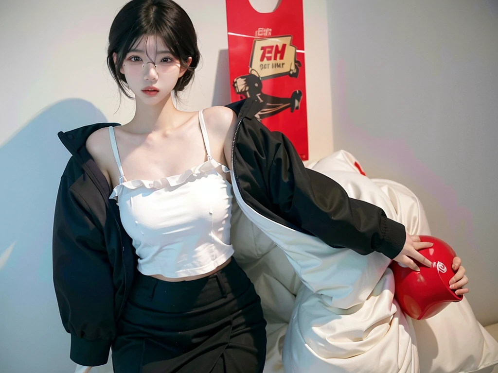 Beautiful woman with perfect figure:1.4,Ultra-high resolution,Wearing glasses,white背景,(real:1.4),Layered Hairstyles,white皮肤,Super Short Pleated Skirt,whole body,Extremely delicate facial and skin texture,double eyelid,Skin whitening,Long Hair,white hair,white,