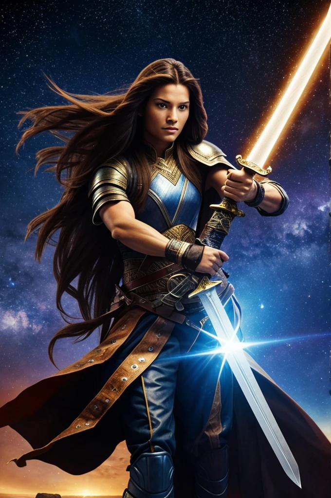 A warrior with long hair with a galactic sword