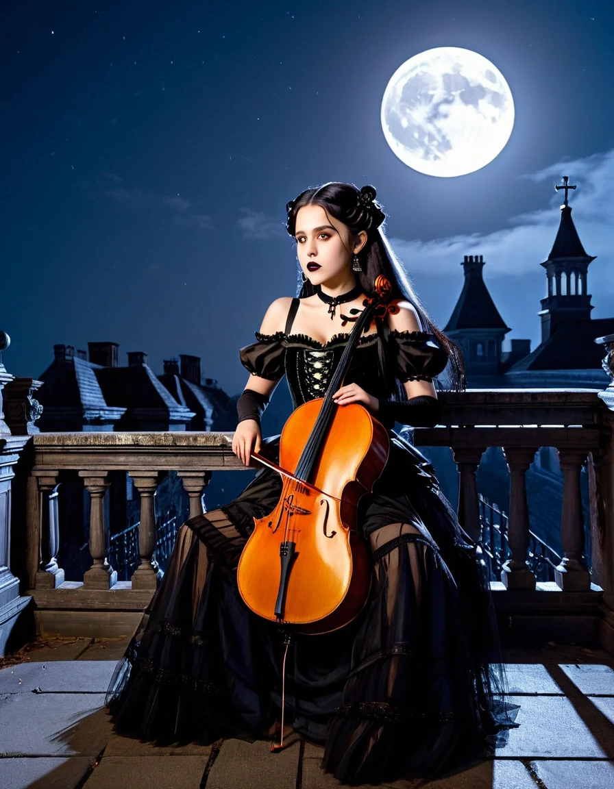 A young woman with long black hair styled in two braids and wears minimal makeup with dark eyeliner, black lipstick, sexy goth, Wednesday Addams (Jenna Ortega). Jenna Ortega as Wednesday Addams. The setting is on the roof top of an old decaying mansion at midnight with a big bright full moon in the background. Wednesday is sitting in an old luxury ornate high back chair (playing a large cello:1.6). She is wearing black ornate fabric choker, black corset, black short feathered dress with black stockings. A peculiar, lifelike severed hand is on her shoulder, adding an element of mystery. The lighting is eerie, coming from an unseen source, creating a since of mystery and intriguing atmosphere. Hyper realistic photo, vibrant colors, 16k.