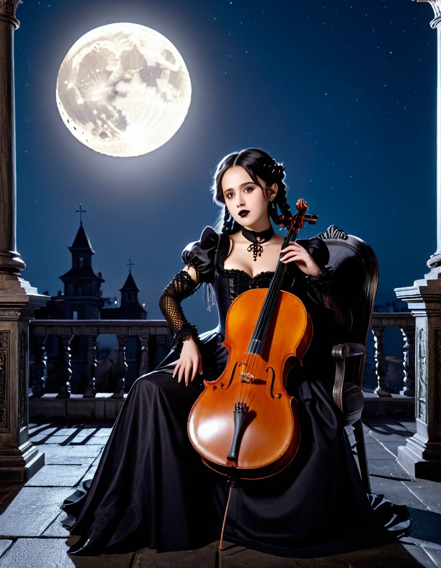 A young woman with long black hair styled in two braids and wears minimal makeup with dark eyeliner, black lipstick, sexy goth, Wednesday Addams (Jenna Ortega). Jenna Ortega as Wednesday Addams.  The setting is on the roof top of an old decaying mansion at midnight with a big bright full moon in the background. Wednesday is sitting in an old luxury ornate high back chair (playing a large cello:1.6). She is wearing black ornate fabric choker, black corset, black short feathered dress with black stockings. A peculiar, lifelike severed hand is on her shoulder, adding an element of mystery. The lighting is eerie, coming from an unseen source, creating a since of mystery and intriguing atmosphere. Hyper realistic photo, vibrant colors, 16k.
