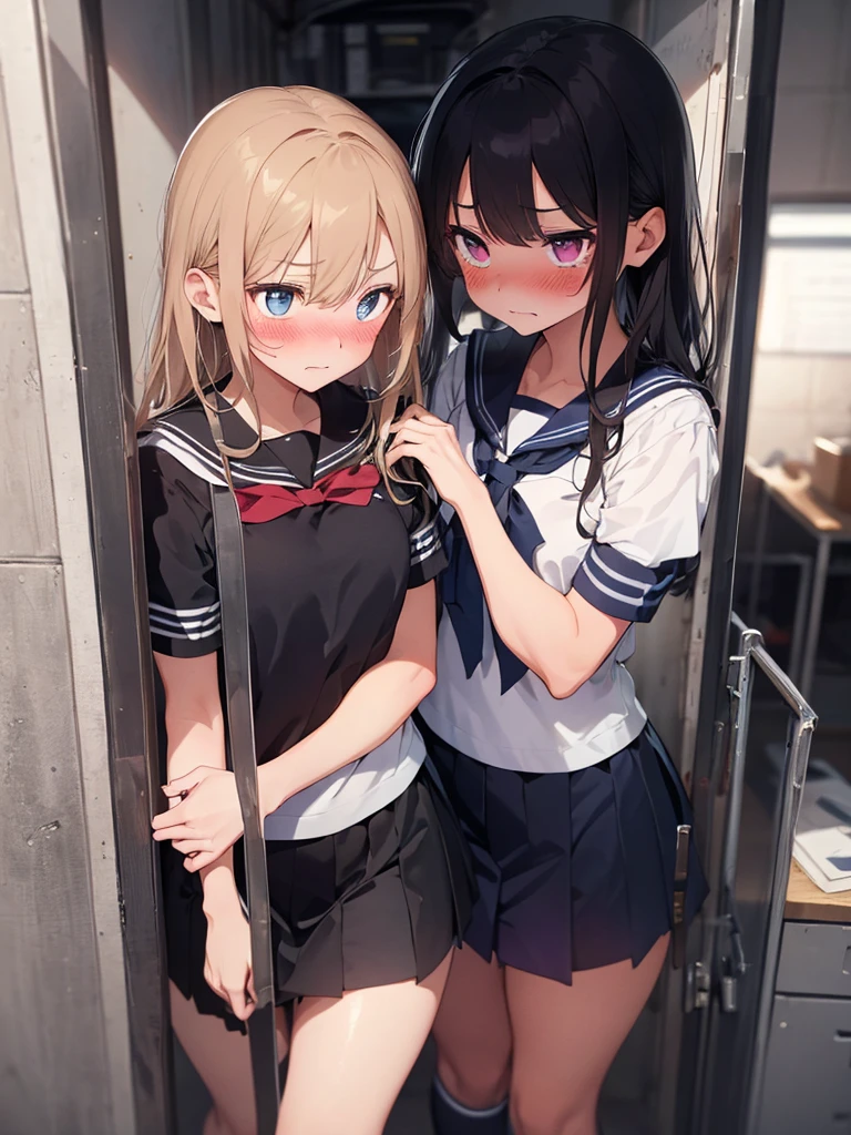 2 girls, shoved inside a cell, iron bars, trying to escape, ((sailor uniform, short sleeve, tight clothing, miniskirt)), (inside cell:1.5), (blushing:1.5), (blushing, worried, teary eyes), perfect body, perfect face, perfecte eyes, beautiful eyes, detailed eyes, image taken from inside