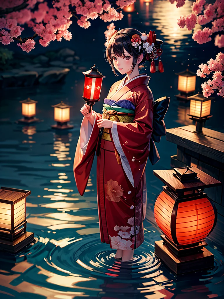 Highest quality,Highest Resolution,A beautiful girl in a kimono floating a lantern,night,The moon reflects on the water,Japan,Red lantern,