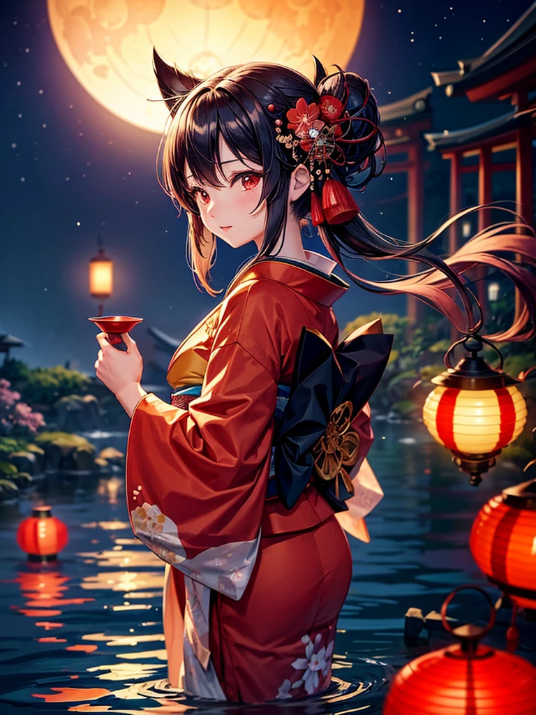 Highest quality,Highest Resolution,A beautiful girl in a kimono floating a lantern,night,The moon reflects on the water,Japan,Red lantern,