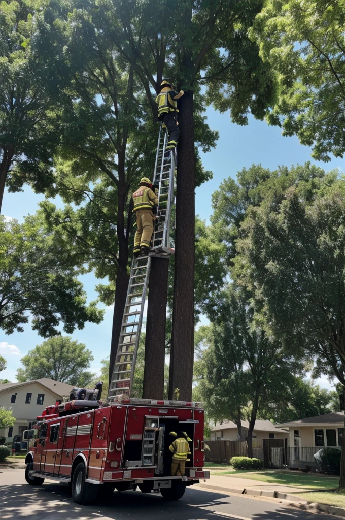 Image of a cat climbing a tall, leafy tree.
Image of a cat on top of a tree, looking down with worried expression.
Image of a young man looking around, calling the cat.
Image of a young man looking up, seeing the trapped cat.
Image of a fire truck arriving at the scene, with firefighters getting out of the truck.
Image of firefighters extending a long ladder towards the tree.
Image of a firefighter climbing the ladder, reaching for the cat.
Image of the cat in a basket, being lowered by the firefighter Image of a young man hugging a cat, with firefighters and neighbors applauding around.
Image of a young man carrying a cat in his arms, walking towards a house Image of a cat with a small trophy next to it, with a plaque that says "Neighborhood Champion".
