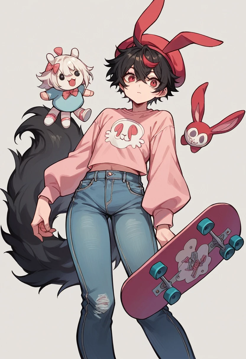 anime boy with black fluffy hair baggy jeans black and pink shirt black and pink skateboard bunny beret and white doll mask with red horns
