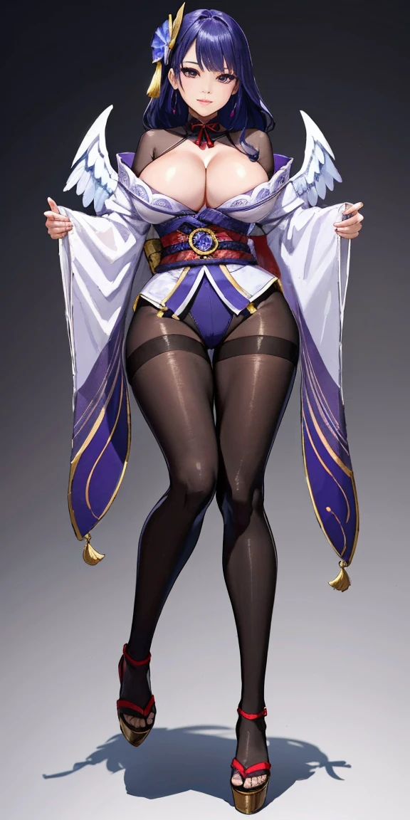full body standind straight symmetrical, FEMALE, big belt around waist, Raiden Shogun, raiden, (Breast-huge), nedium breasts, Masterpiece, Best quality, Ultra-delicate hands on the buttocks), (angle of view:1.1), (Smile:0.9),Busty body,thick leg,lacepantyhose