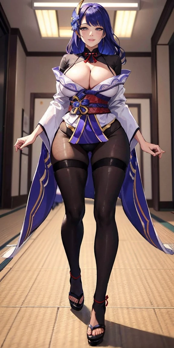 full body standind straight symmetrical, FEMALE, big belt around waist, Raiden Shogun, raiden, (Breast-huge), nedium breasts, Masterpiece, Best quality, Ultra-delicate hands on the buttocks), (angle of view:1.1), (Smile:0.9),Busty body，thick leg，lacepantyhose