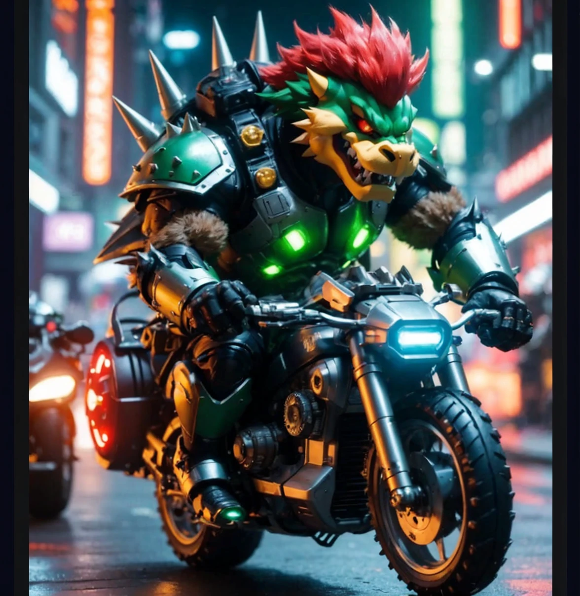 movieのような photo of cyberpunk Bowser \(Mario\) night、Riding a silver sci-fi armored cybernetic bike, Dynamic pose, Fine grain, Has a green shell, Redhead, spike, Small Corner, Gezi Gezi eyebrows, Open your mouth, high tech, Deep Shadow, Vibrant,  Vivid, Sophisticated, Modern, movieのような, Super detailed, Professional, Cyberpunk Theme  . 35mm Photography, movie, Bokeh, Professional, 4K, Very detailed