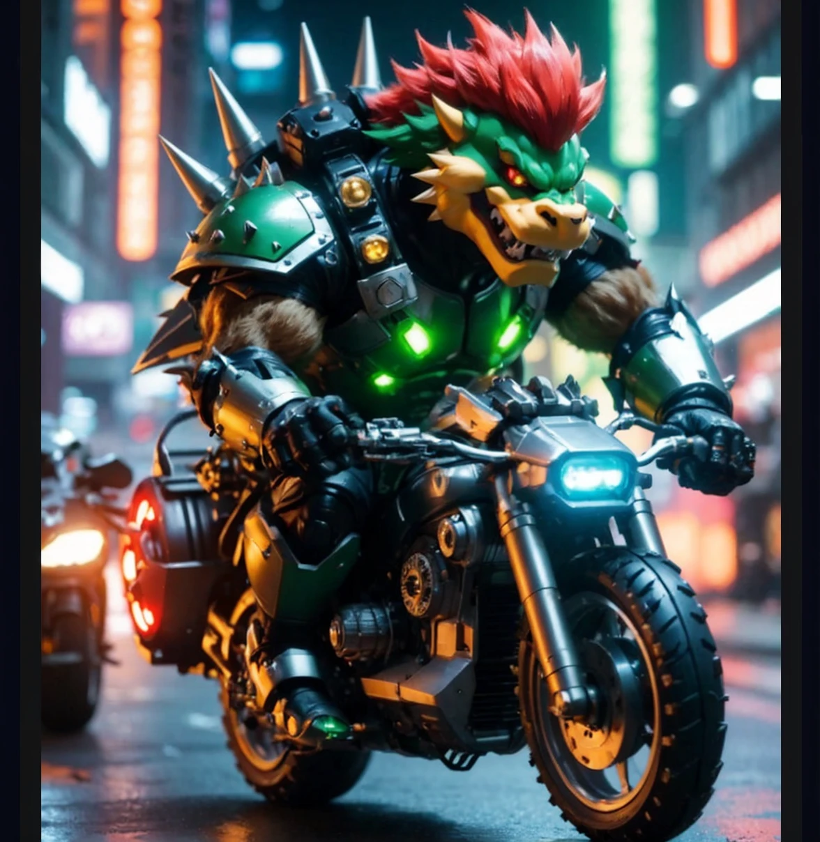 movieのような photo of cyberpunk Bowser \(Mario\) night、Riding a silver sci-fi armored cybernetic bike, Dynamic pose, Fine grain, Has a green shell, Redhead, spike, Small Corner, Gezi Gezi eyebrows, Open your mouth, high tech, Deep Shadow, Vibrant,  Vivid, Sophisticated, Modern, movieのような, Super detailed, Professional, Cyberpunk Theme  . 35mm Photography, movie, Bokeh, Professional, 4K, Very detailed