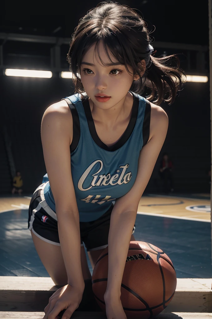 (RAW photo, 4k, masterpiece, high resolution, extremely complex) (realistic: 1.4), cinematic lighting
1 Girl, Solo Focus, Summer Noon, Hot, 1990s\(Style\), (Best Quality), (Highres), (an Extremely Delicate and Beautiful),,(Beautiful 8k face),(Brown eyes),(ulzzang-6500:1.0),(solo),(Looking side),( spectators),(large breasts),(NBA),bent over,,lookside,(side), ,(Basketball sportswear),((Play basketball)),((gymnasium)),((speed)),(reality),