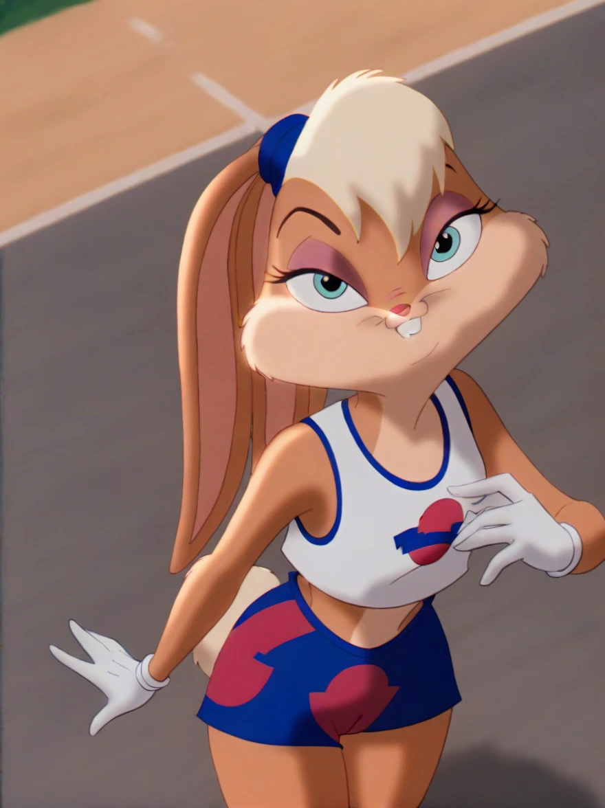 lolabunny, 1 girl, Alone, hairy female, rabbit ears, rabbit girl, animal nose, crop top,white gloves,baloncesto, tenure,  Blue eyes, body fur, standing, sleeveless tail,shorts blancos, rabbit teeth,cowboy shot,SMILE,looking at the viewer, outdoor, score_9, score_8_above, score_7_above, score_6_above, score_5_above, score_4_above   