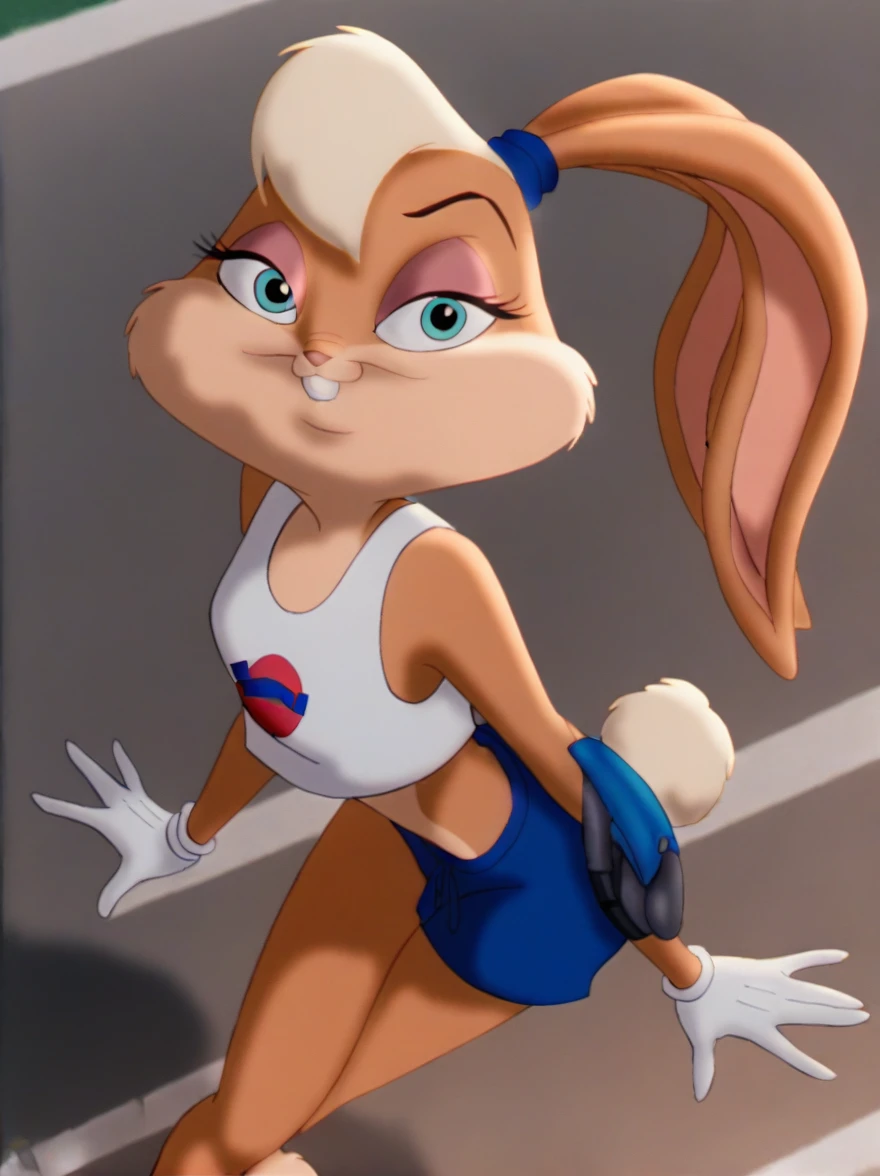 lolabunny, 1 girl, Alone, hairy female, rabbit ears, rabbit girl, animal nose, crop top,white gloves,baloncesto, tenure,  Blue eyes, body fur, standing, sleeveless tail,shorts blancos, rabbit teeth,cowboy shot,SMILE,looking at the viewer, outdoor, score_9, score_8_above, score_7_above, score_6_above, score_5_above, score_4_above   