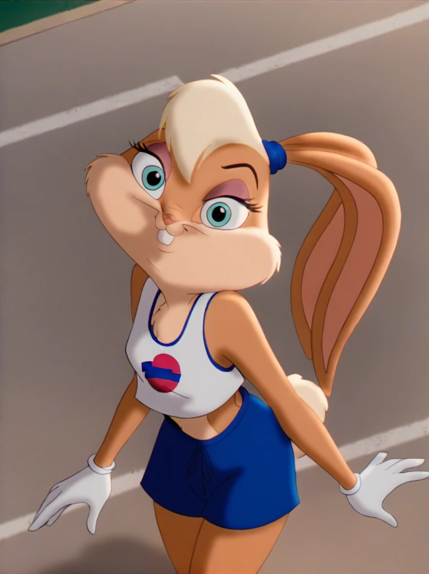 lolabunny, 1 girl, Alone, hairy female, rabbit ears, rabbit girl, animal nose, crop top,white gloves,baloncesto, tenure,  Blue eyes, body fur, standing, sleeveless tail,shorts blancos, rabbit teeth,cowboy shot,SMILE,looking at the viewer, outdoor, score_9, score_8_above, score_7_above, score_6_above, score_5_above, score_4_above   
