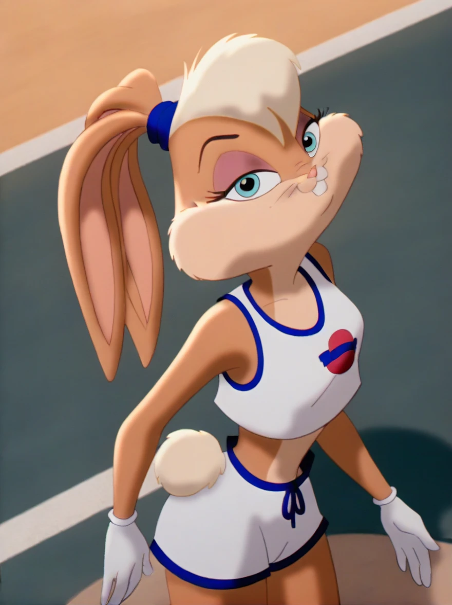 lolabunny, 1 girl, Alone, hairy female, rabbit ears, rabbit girl, animal nose, crop top,white gloves,baloncesto, tenure, Blue eyes, body fur, standing, sleeveless tail,shorts blancos, rabbit teeth,cowboy shot,SMILE,looking at the viewer, outdoor, score_9, score_8_above, score_7_above, score_6_above, score_5_above, score_4_above