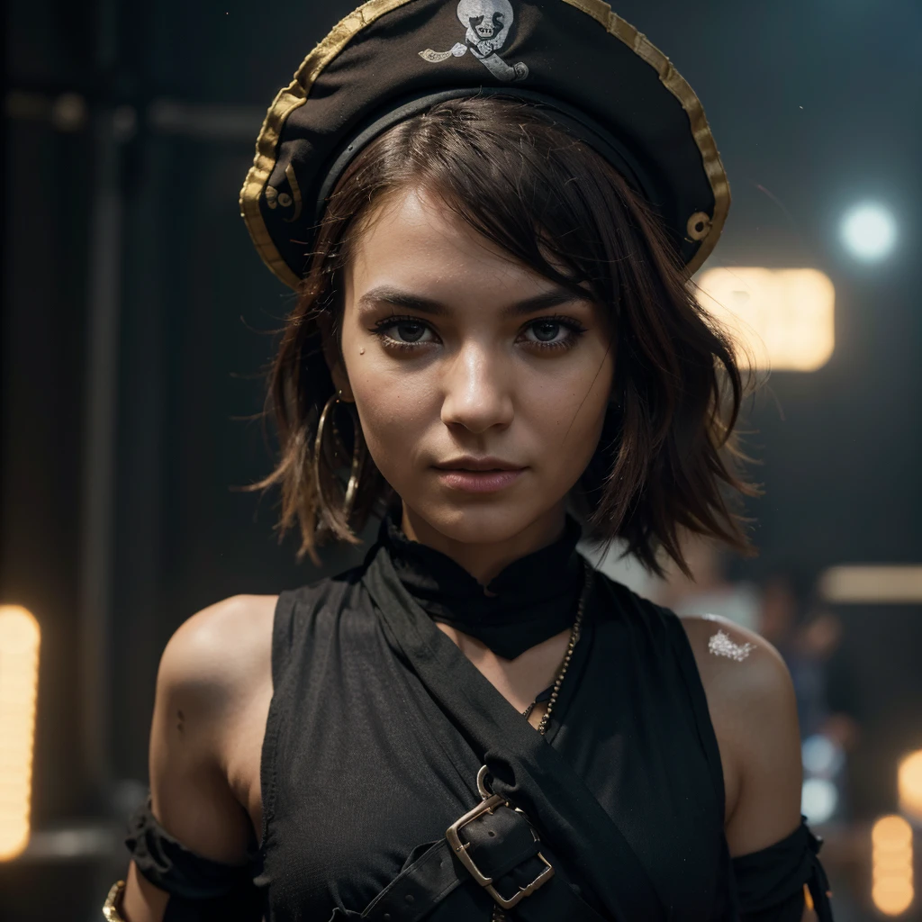 best quality, 8k,highres,masterpiece:1.2,ultra-detailed,realistic:1.37,physically-based rendering, professional, vivid colors, studio lighting,sharp focus, bokeh, portraits, photography, concept artists, The Neon Lighting club scene is alive,-o a lively, and people having fun at a EDM Rave Concert, capturing the spirit and self-expression that defined the pirate culture, midshot, centered image, ultra detail, extremely face detail, extremely eye detail, pirate outfit style, pirate outfit, skinny girl, 8k, uhd, kda, signs, reflective surfaces.