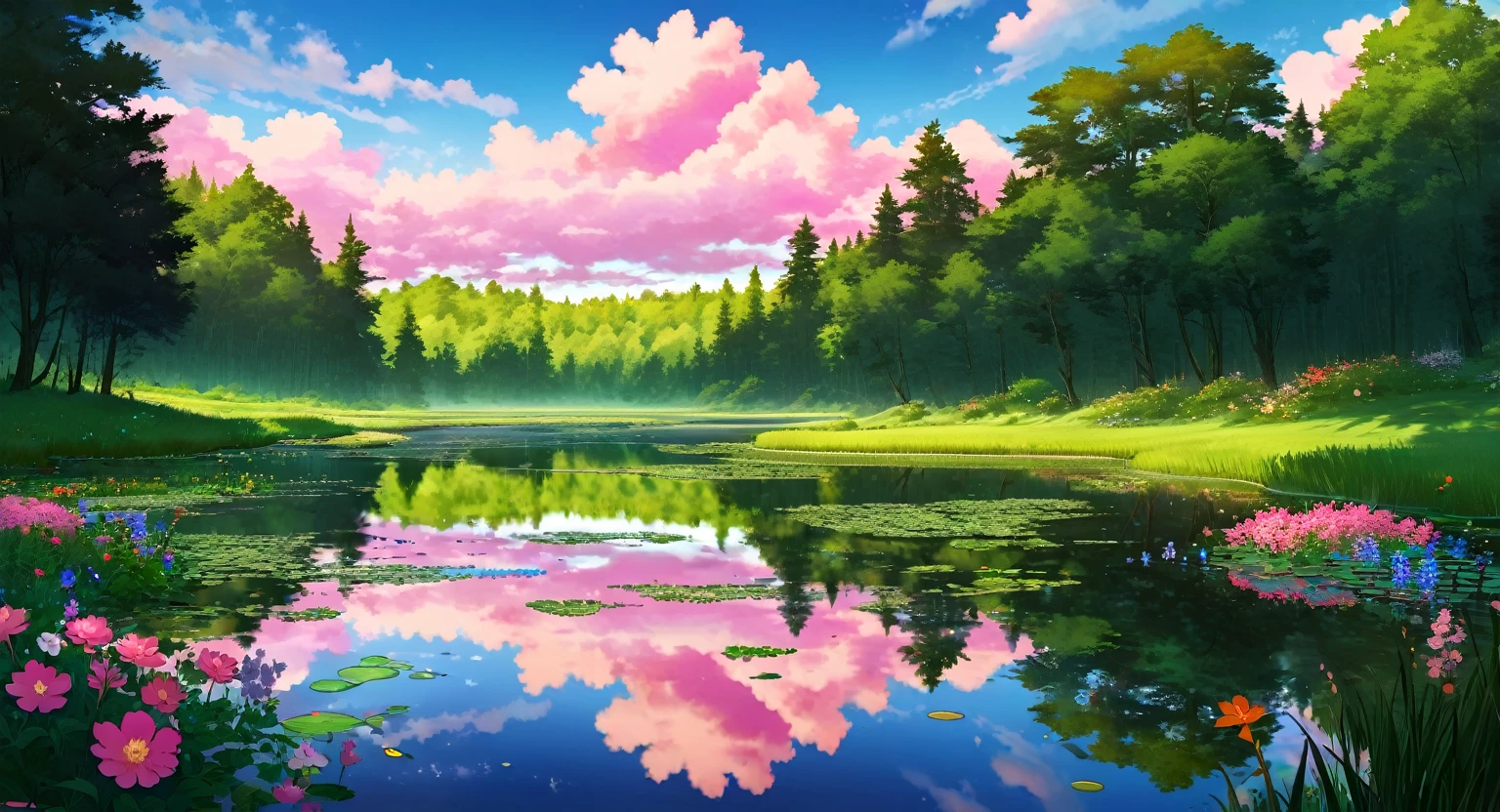 scenery, a pond, green forest, reflective water, pink clouds, dramatic clouds, beautiful sky, beautiful scenery, wild flowers, tall grass