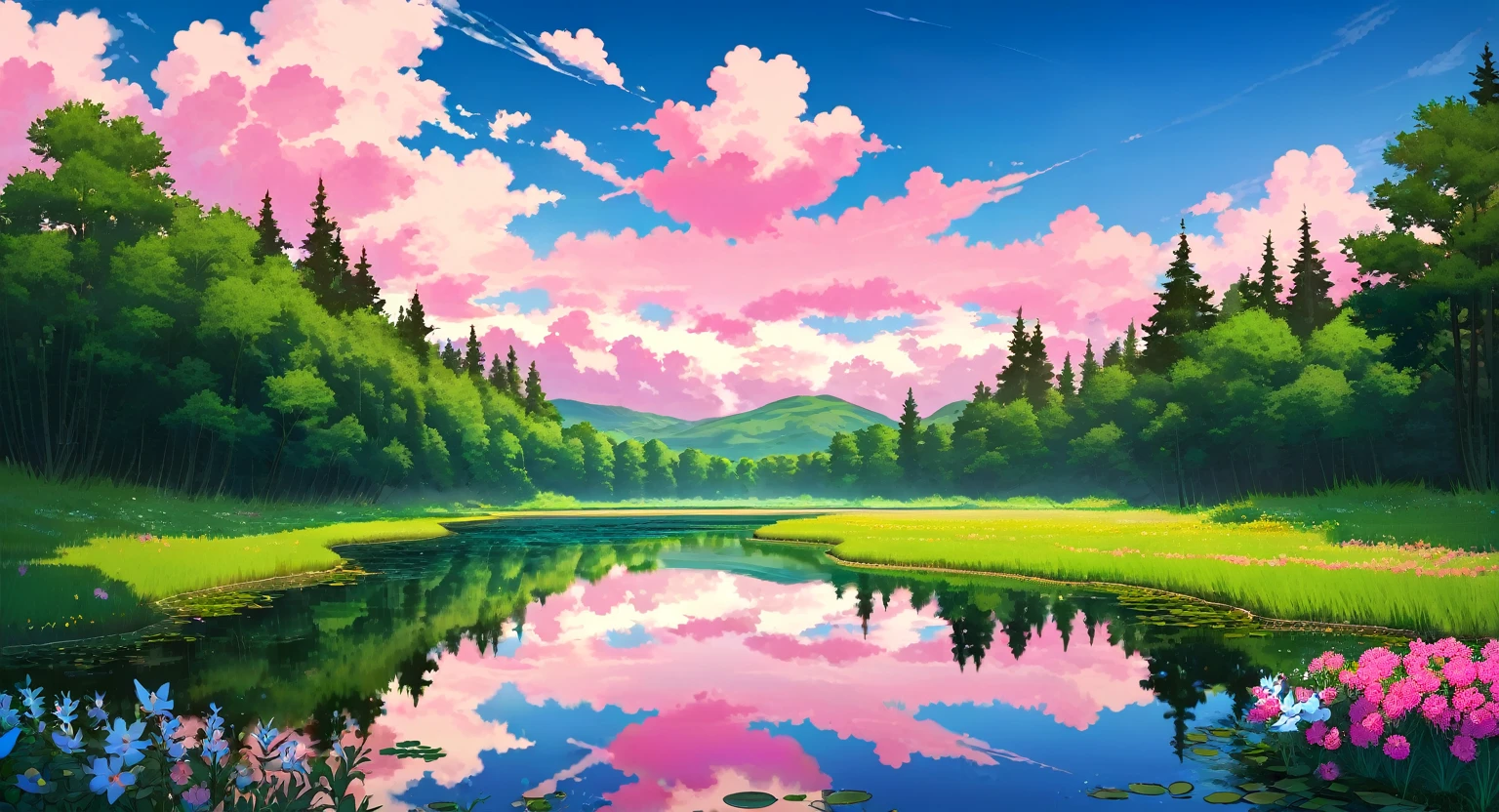 scenery, a pond, green forest, reflective water, pink clouds, dramatic clouds, beautiful sky, beautiful scenery, wild flowers, tall grass