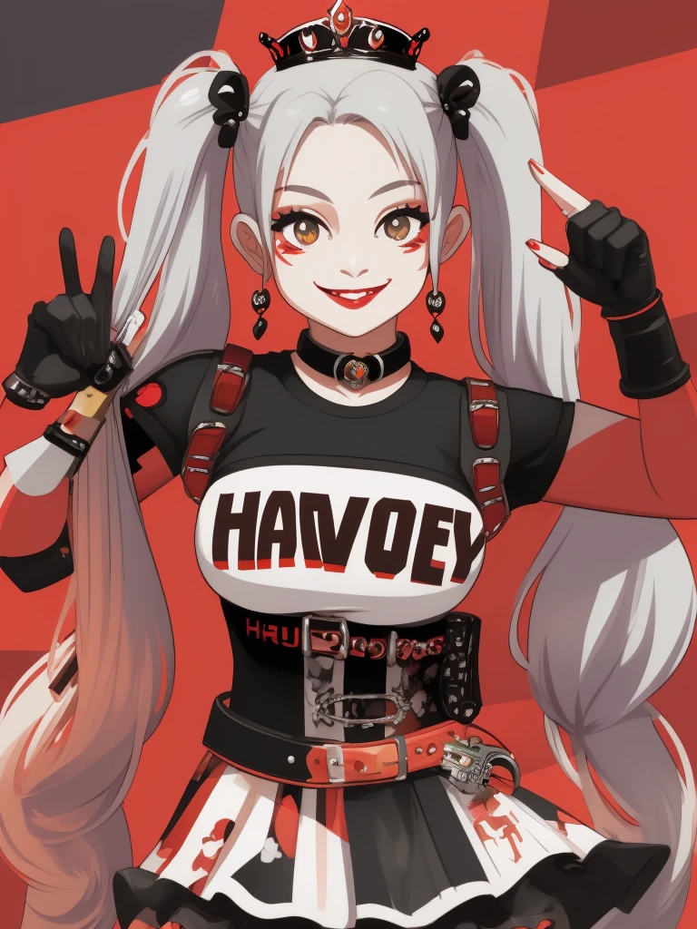 harley queen sticker, harley queen clothing, cool position, A gun in each hand, harley queen pigtails, outfit de harley queen, looking at the camera with a mocking and irreverent smile, gta VI style, chroma background