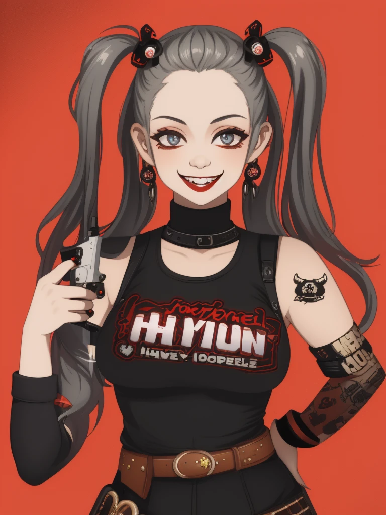 harley queen sticker, harley queen clothing, cool position, A gun in each hand, harley queen pigtails, outfit de harley queen, looking at the camera with a mocking and irreverent smile, gta VI style, chroma background