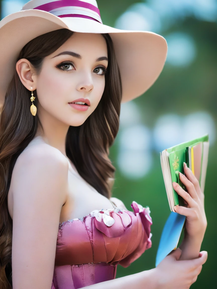 photo RAW,(Whimsical facial expression 1girl, solo, long hair, Hazel eyes, Tiramisu Brown hair, hat, dress, bow, Holding a book or magazine pose, bare shoulders, jewelry gems, flower, earrings, parted lips, blurry, Lime dress, lips, depth of field, bird, ring, feathers, corset, top hat, hat flower, hand on headwear,Realistic, realism, hd, 35mm photograph, 8k), masterpiece, award winning photography, natural light, perfect composition, high detail, hyper realistic