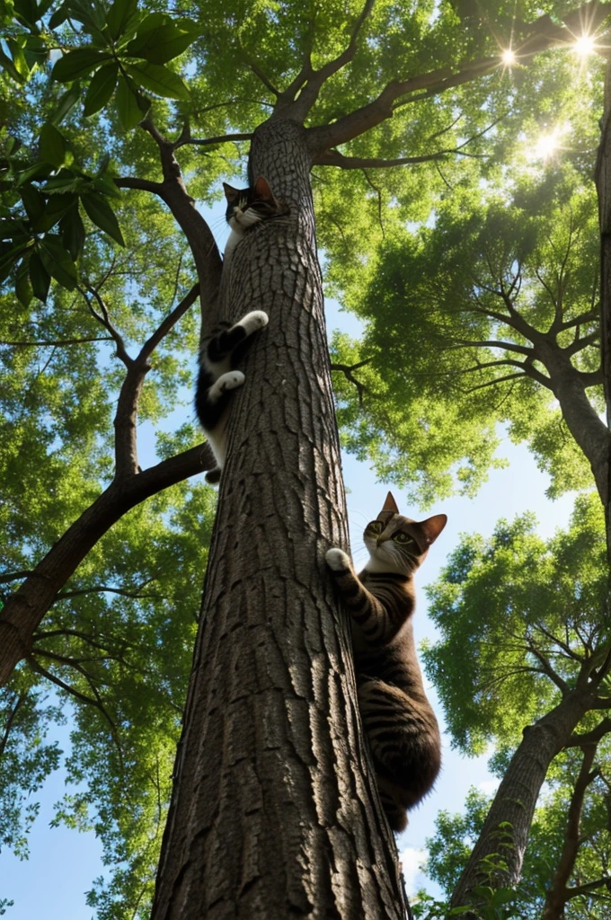 Image of a cat climbing a tall, leafy tree.