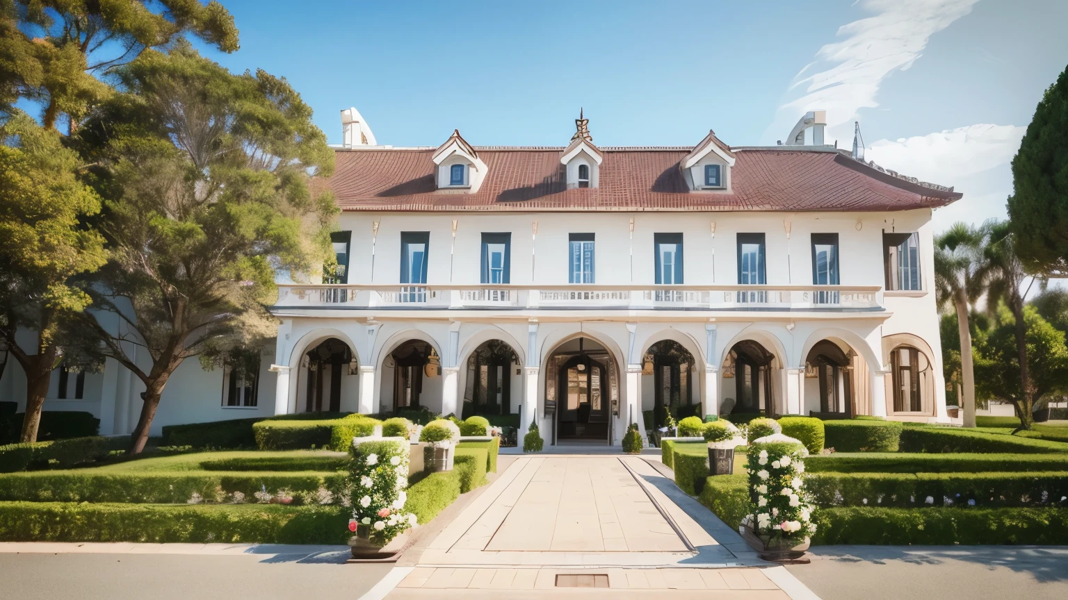 detailed realistic landscape, wide angle lens, full shot, wedding venue entrance, elegant building, sunny morning, distant landscape, holiday,Detailed and realistic landscapes、Wide-angle lens、Full Shot、Wedding hall entrance、Elegant Building、Restaurants near the sea、Sunny Morning、Vision、Friend&#39;s wedding、The main gate of the  venue。