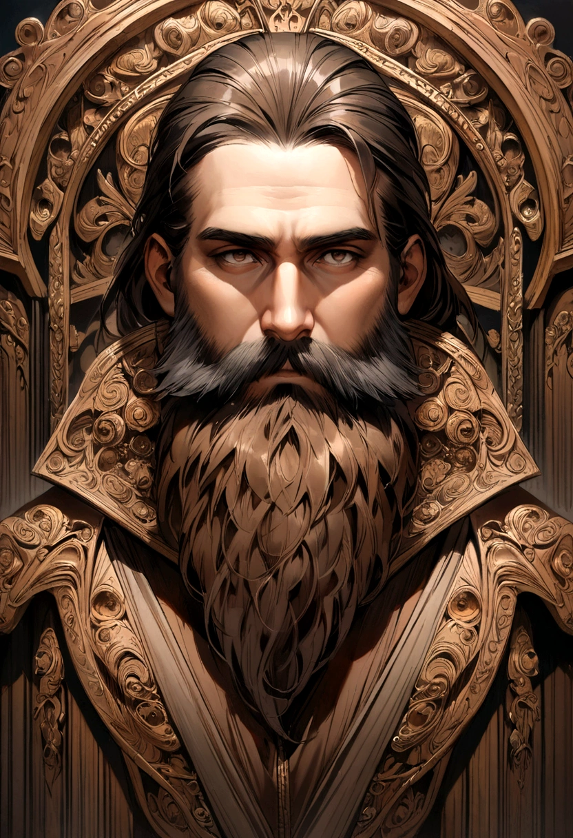  man in the center in a painting where wooden edges come out with medium brown hair and a medium beard on a dark symmetrical background