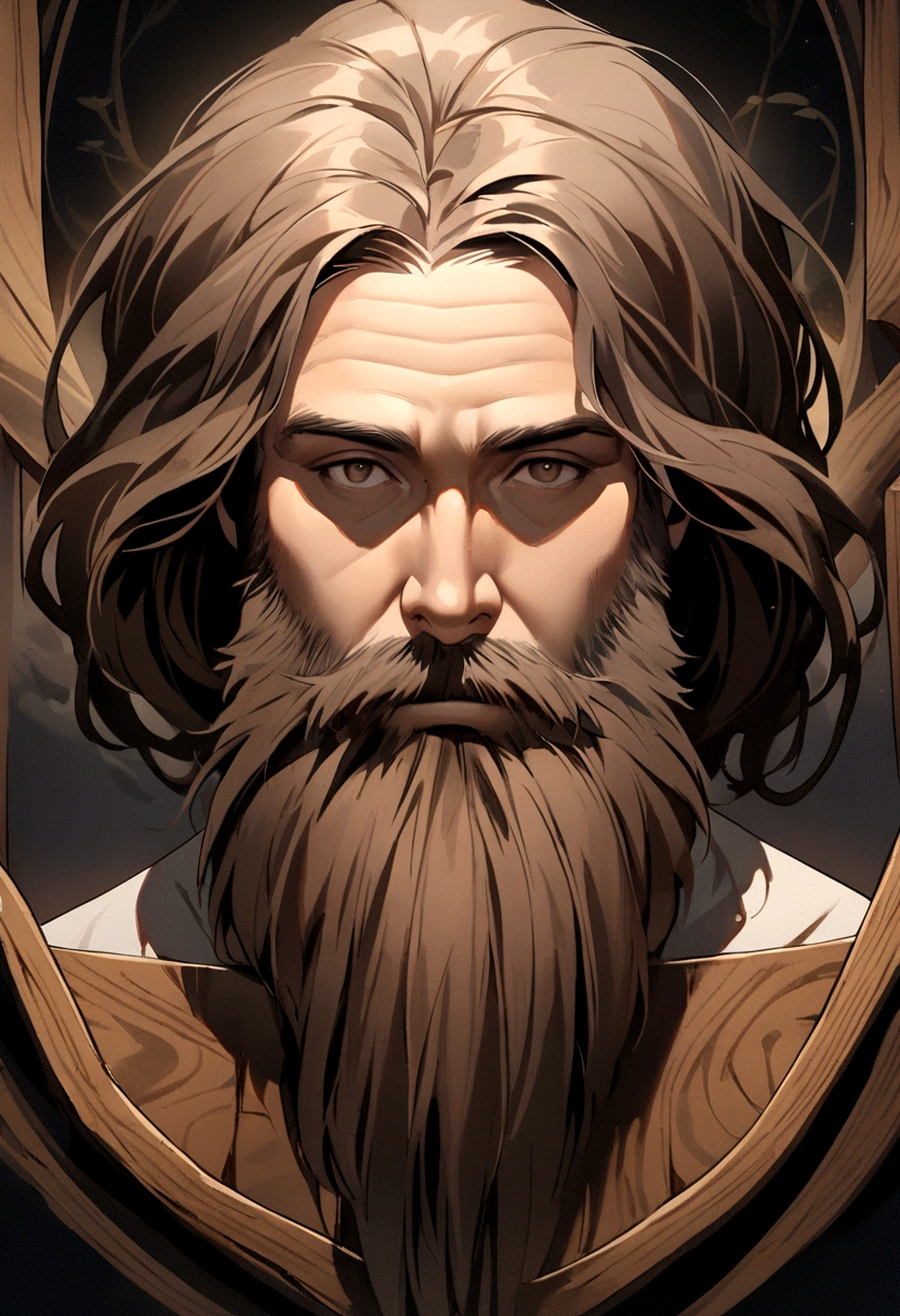 man in the center in a painting where wooden edges come out with medium brown hair and a medium beard on a dark symmetrical background
