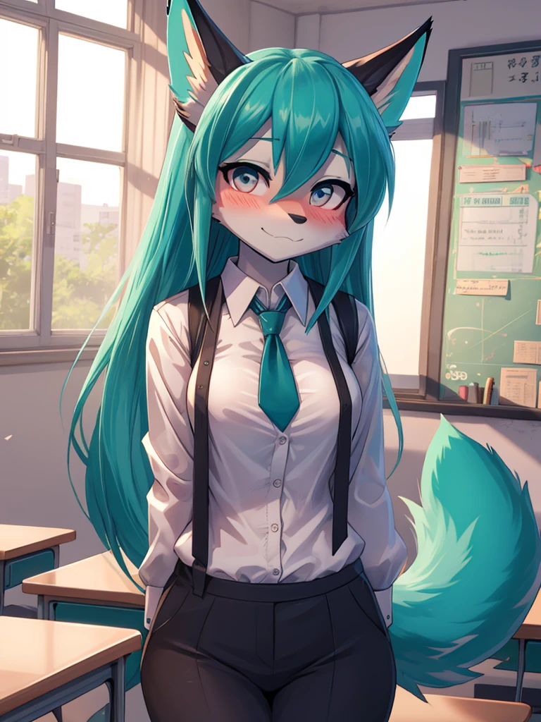 Miku Hatsune x vixen student costume, whole body, best high definition lighting, blushing face add_detail:1, Classroom, begins to unbutton her blouse add_detail:1, open blouse, parciality open blouse add_detail:1