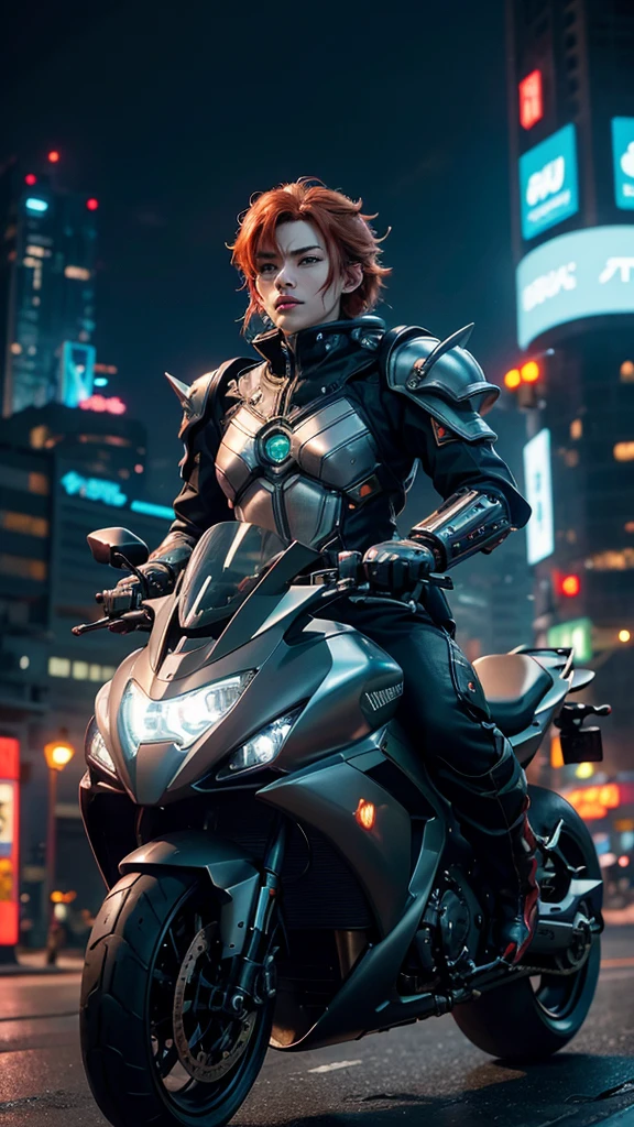movieのような photo of cyberpunk Bowser \(Mario\) night、Riding a silver sci-fi armored cybernetic bike, Dynamic pose, Fine grain, Has a green shell, Redhead, spike, Small Corner, Gezi Gezi eyebrows, Open your mouth, high tech, Deep Shadow, Vibrant, Vivid, Sophisticated, Modern, movieのような, Super detailed, Professional, Cyberpunk Theme . 35mm Photography, movie, Bokeh, Professional, 4K, Very detailed