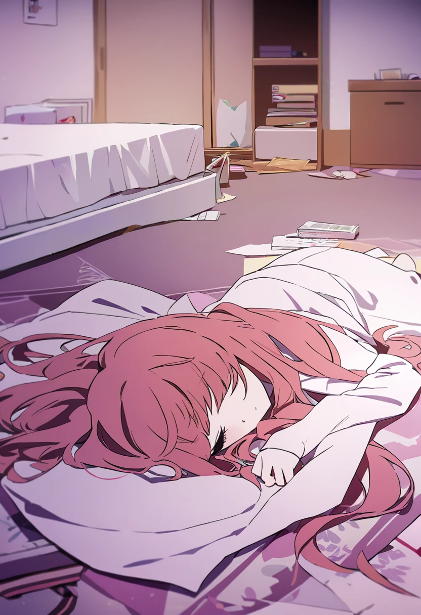 anime girl orange hair crying, blood on face, drowning sad scene, bedroom scene, subdued colors