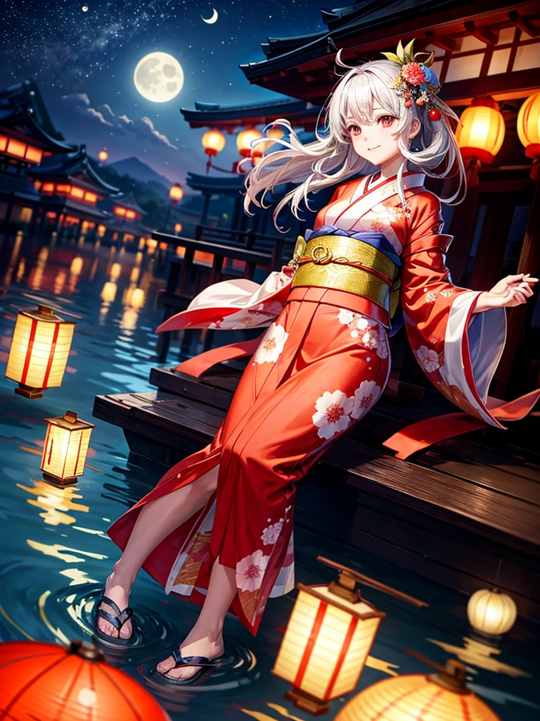 Highest quality,Highest Resolution,A beautiful girl in a kimono floating a lantern,night,The moon reflects on the water,Japan,Lots of red lanterns,shore,