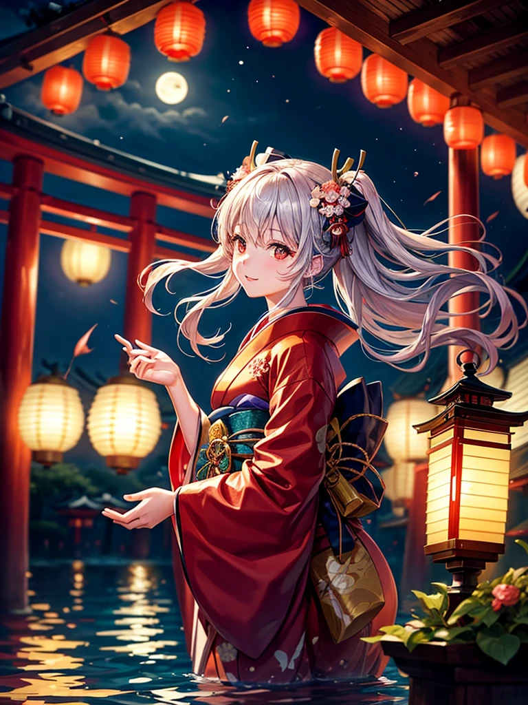 Highest quality,Highest Resolution,A beautiful girl in a kimono floating a lantern,night,The moon reflects on the water,Japan,Lots of red lanterns,shore,