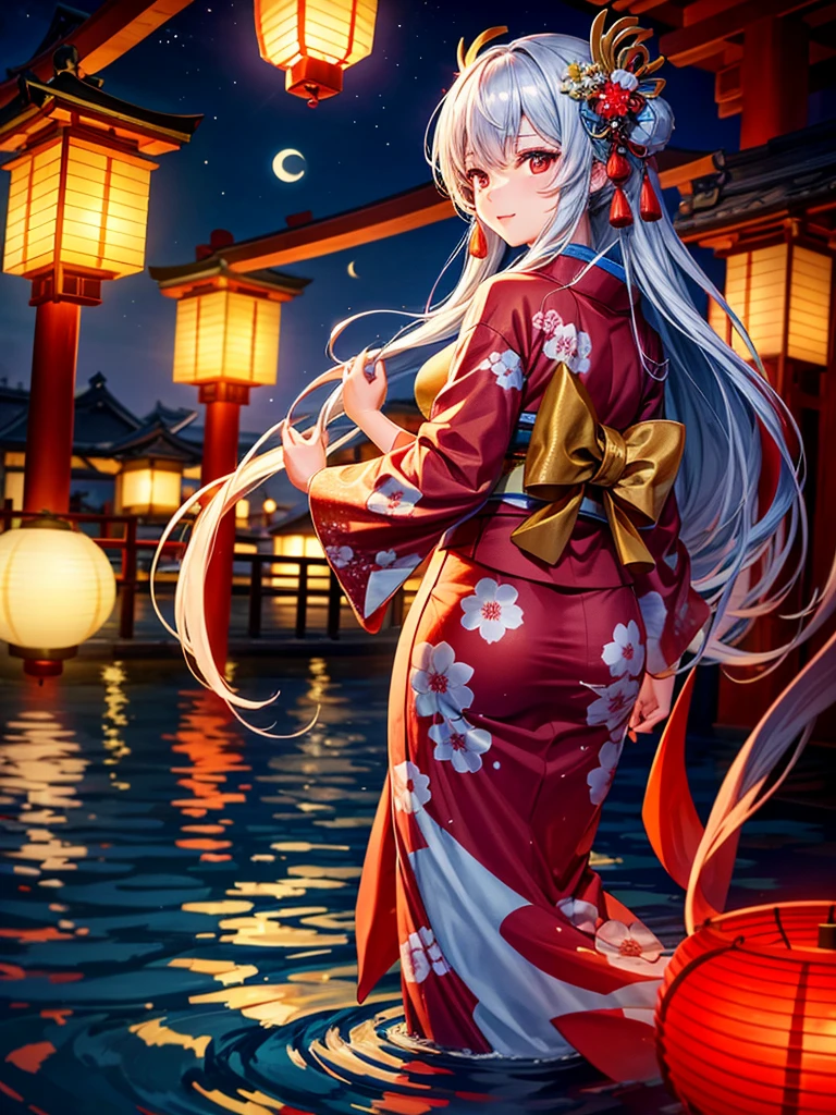 Highest quality,Highest Resolution,A beautiful girl in a kimono floating a lantern,night,The moon reflects on the water,Japan,Lots of red lanterns,shore,