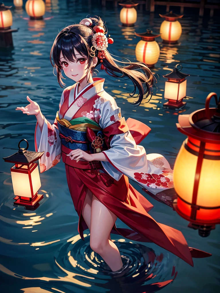 Highest quality,Highest Resolution,A beautiful girl in a kimono floating a lantern,night,The moon reflects on the water,Japan,Lots of red lanterns,shore,