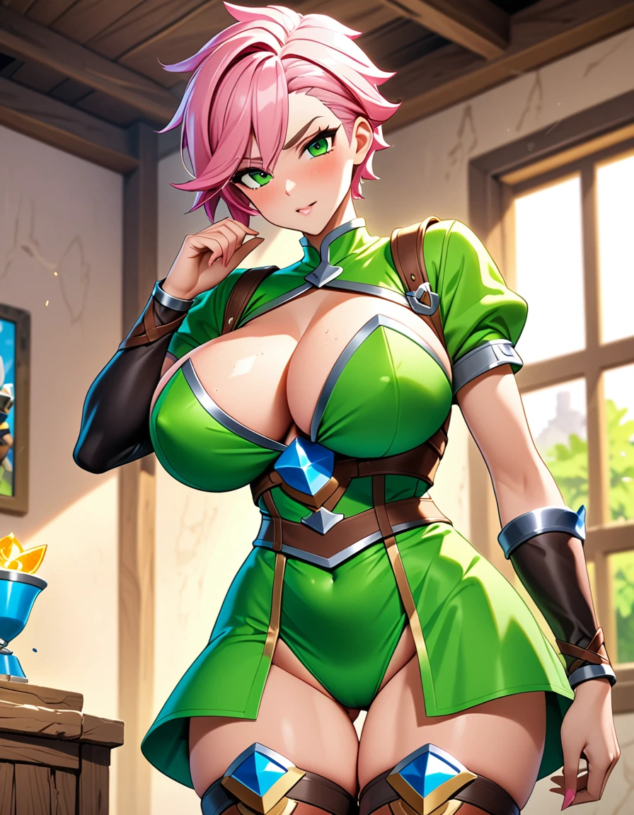 Beautiful Sexy clash royale archer, green outfit big breasts, pink hair,