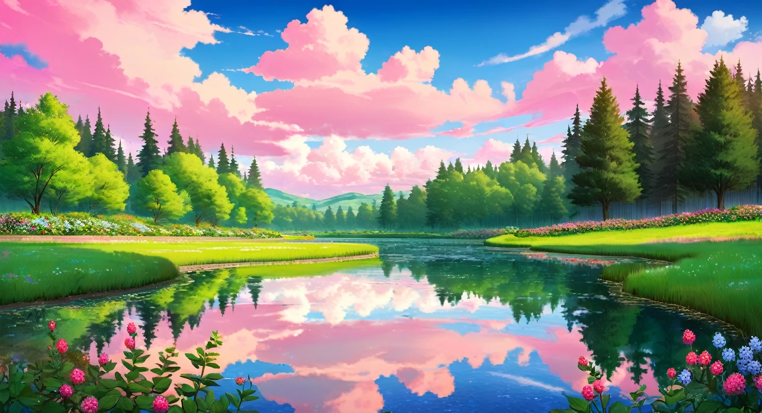scenery, a pond, green forest, reflective water, pink clouds, dramatic clouds, beautiful sky, beautiful scenery, wild flowers, tall grass, pastel colors, berry bushes, round trees