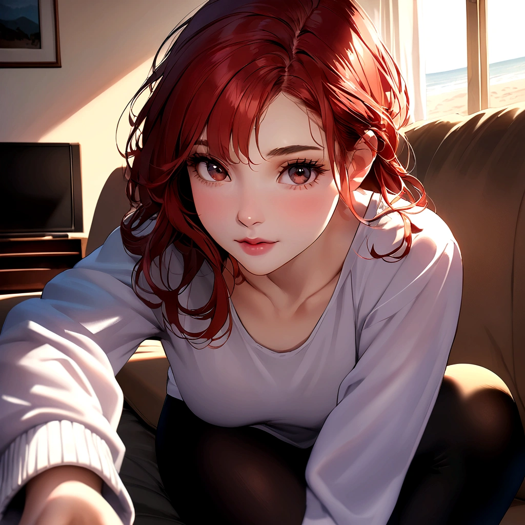 photorealistic portrait of a 21-year-old european girl with long, in her living room, on a sofa, wearing a legging and a sweatshirt flowing red hair and striking dark eyes. She should have a natural, approachable expression and be illuminated by soft, golden-hour sunlight. The background should be a scenic outdoor setting, perhaps a sunlit park or beach. Capture this image with a high-resolution photograph using an 85mm lens for a flattering perspective.
