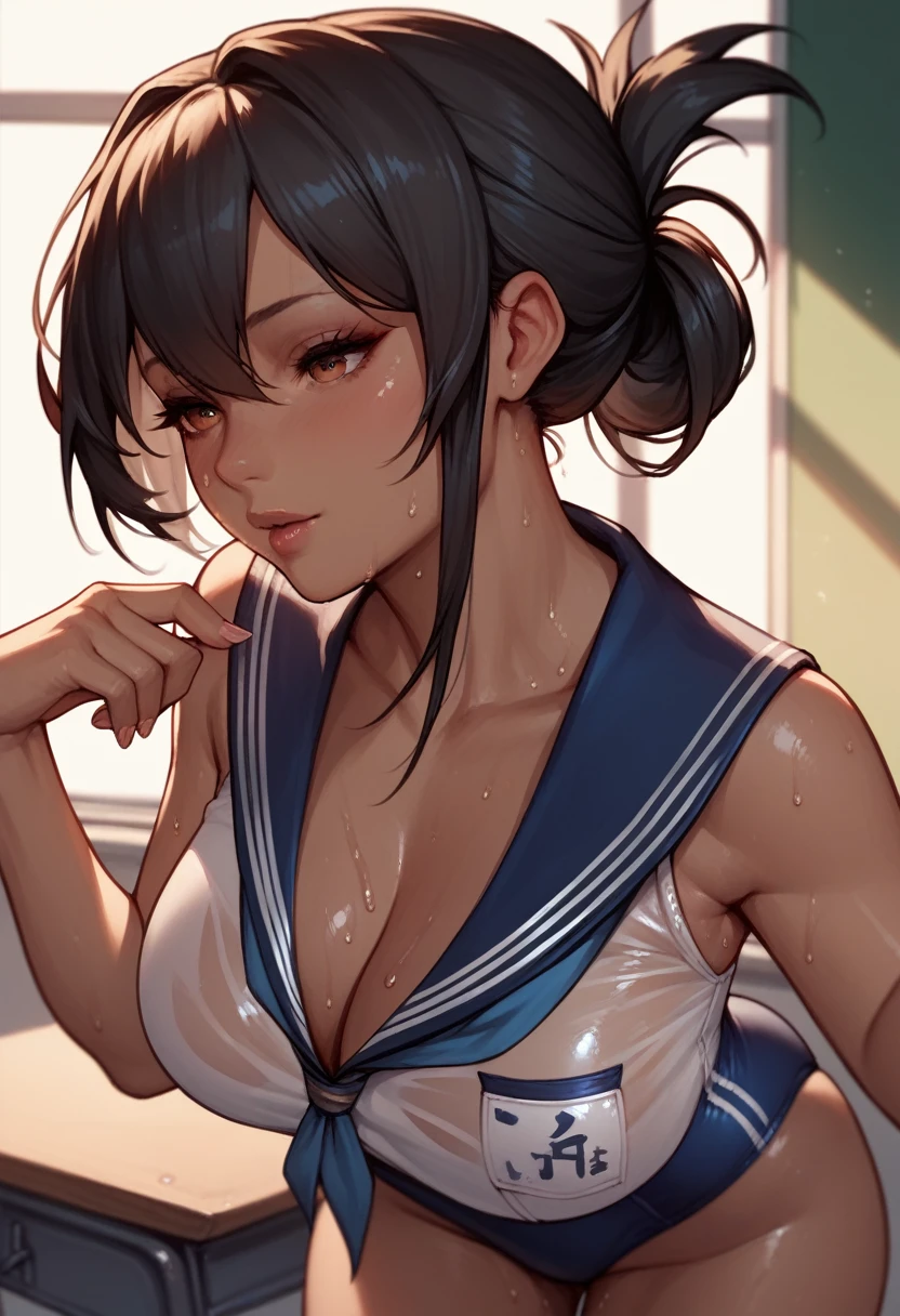 (((Dark brown skin))) Azur Lane Sailor suit School Swimsuit Beautiful tall woman Black Hair sweat (((folded ponytail))) classroom Love juice