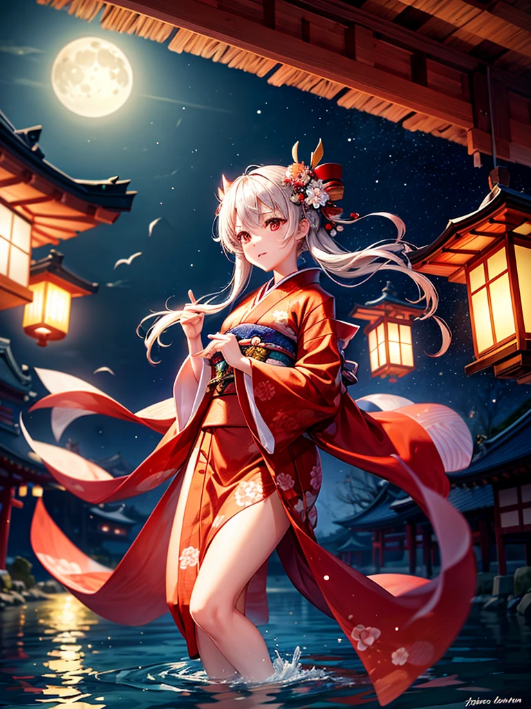 Highest quality,Highest Resolution,A beautiful girl in a kimono floating a lantern,night,The moon reflects on the water,Japan,Lots of red lanterns,shore,