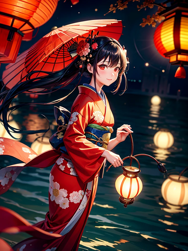 Highest quality,Highest Resolution,A beautiful girl in a kimono floating a lantern,night,The moon reflects on the water,Japan,Lots of red lanterns,shore,