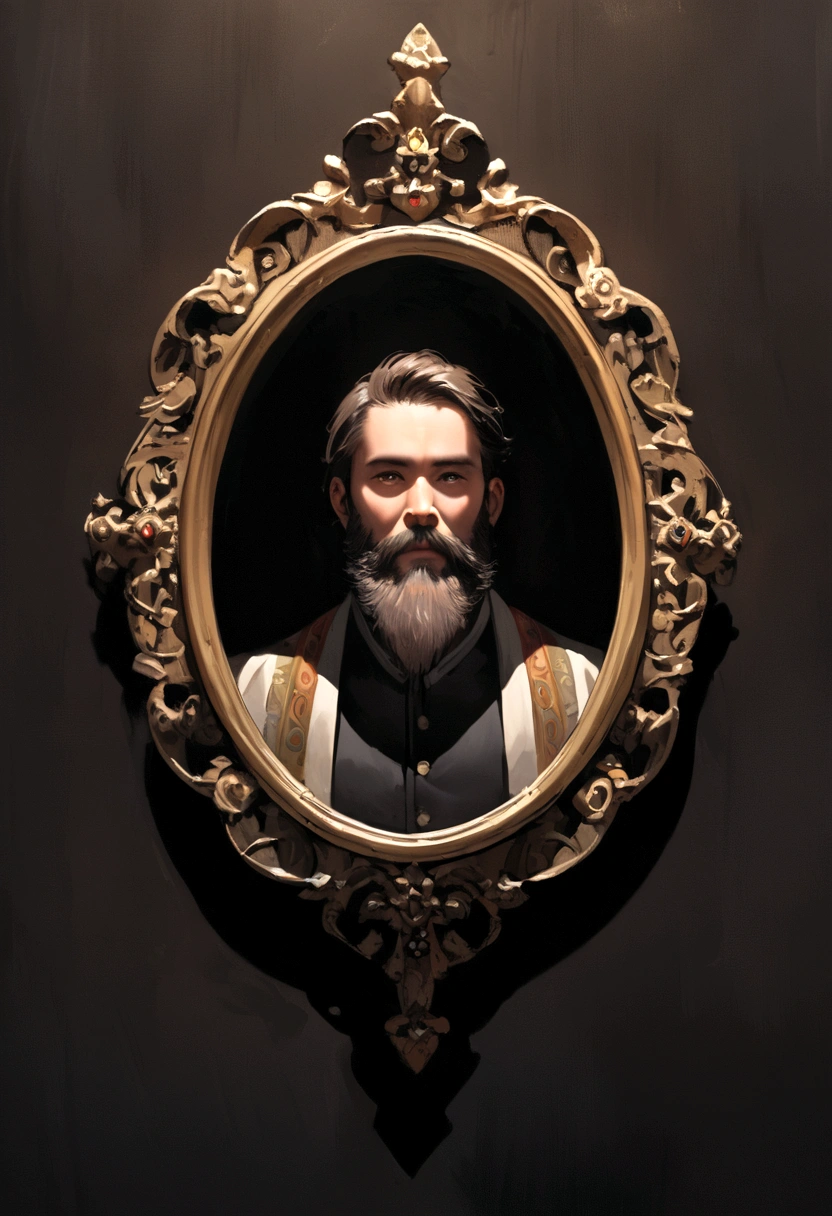 man in a painted picture in the center of a black wall with medium and brown hair and medium beard on a dark symmetrical background